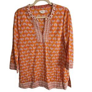 Sigrid Olsen Top Tunic Top Long Sleeve Top V Neck Top Women M Orange Fan Print